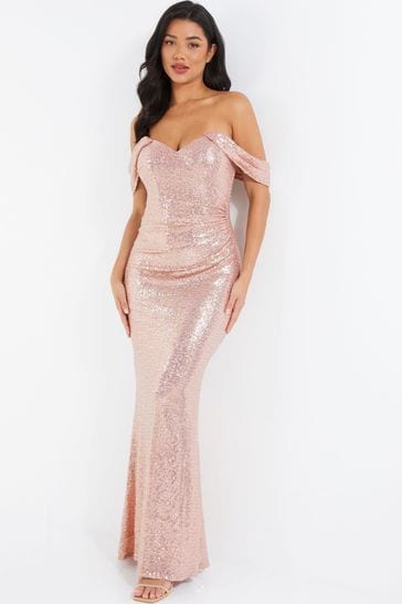 Quiz Light Pink Sequin Bardot Maxi Dress