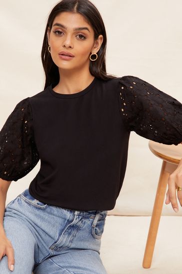 Friends Like These Black Broderie Puff Sleeve Round Neck Top