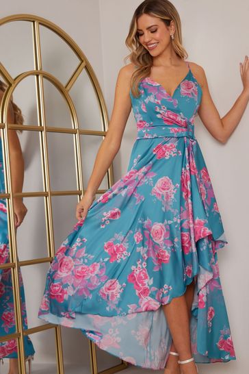 Pink floral wrap dip hem dress store