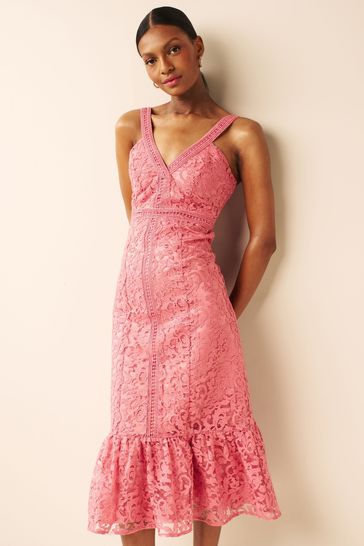 Pink lace deals fitted dress