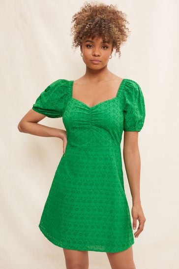 Friends Like These Green Broderie Sweetheart Puff Sleeve Mini Dress