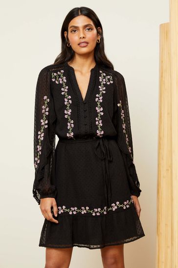 Love & Roses Black Embroidery Chiffon V Neck Elasticated Sleeve Belted Mini Dress