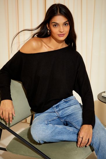 Friends Like These Black Soft Cosy Jersey Slash Neck Long Sleeve Tunic Top