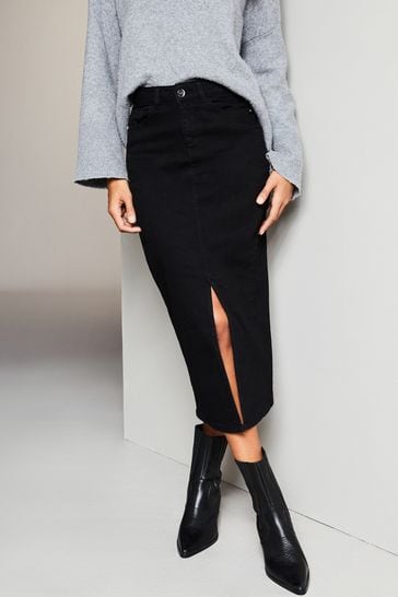 Lipsy Black Wash Denim High Rise Split Front Midi Skirt