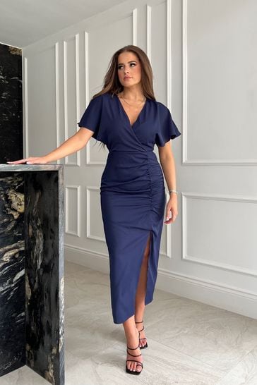 Girl In Mind Navy Blue Priscilla Wrap Over Ruched Detail Midi Dress