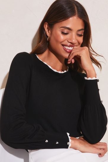 Buy Lipsy Black/Ivory White Tipped Scallop Detail Long Sleeve