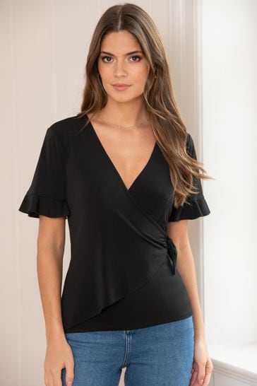 Pour Moi Black Bryony Slinky Recycled Jersey Short Sleeve Wrap Top