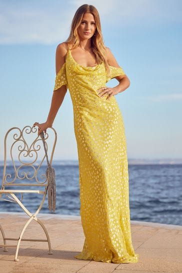 Friends Like These Yellow Foil Glitter Cold Shoulder Maxi Dress