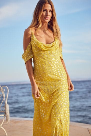 Buy Friends Like These Yellow Foil Glitter Cold Shoulder Maxi