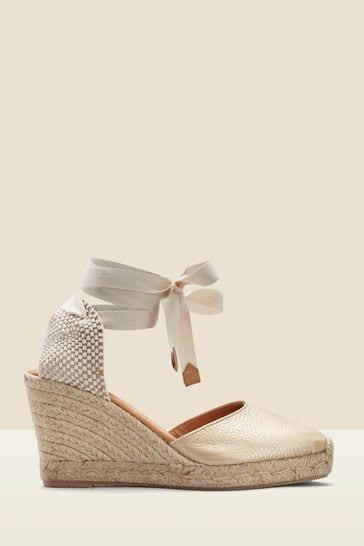 Sosandar Neutral Leather Perla Wedge Espadrille