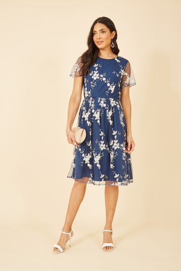 Yumi Blue Multi Embroidered Floral Skater Dress