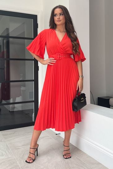 Coral pleated new arrivals midi dress