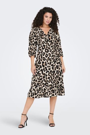 ONLY Leopard Print Long Sleeve Wrap Midi Dress