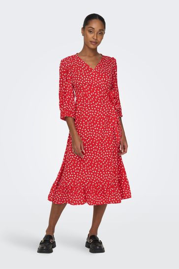 ONLY Red Ditsy Floral Long Sleeve Wrap Midi Dress