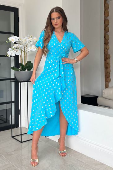 Buy Girl In Mind Cyan Blue Metallic Spot Farren Wrap Maxi Dress