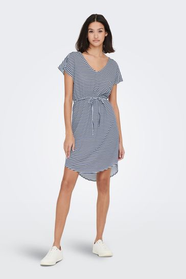 JDY Navy Blue & White Stripes V Neck Short Sleeve Curved Hem Mini Dress