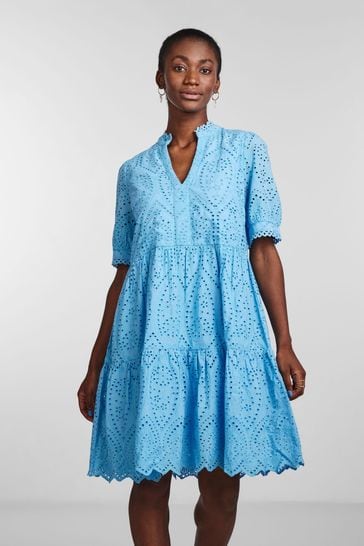 Y.A.S Blue Short Sleeve Broiderie Tiered Dress