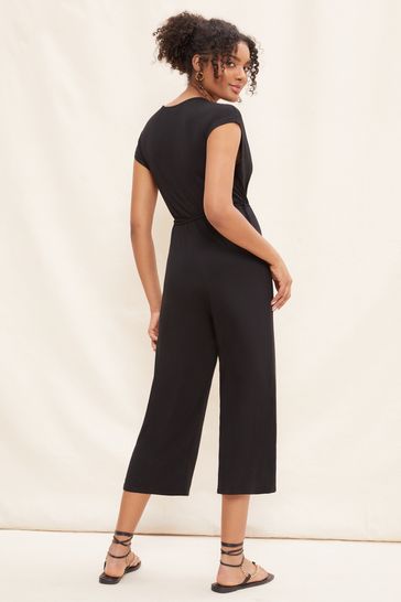 Black ribbed wrap discount front culotte jumpsuit