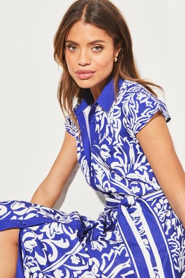 Buy Lipsy Blue Tile Print Sleeveless Belted Midi Shirt Dress from