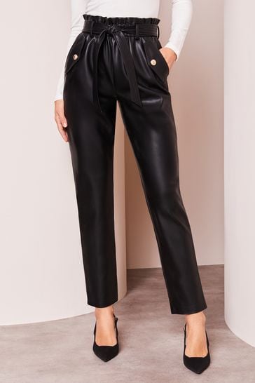 Lipsy Black Faux Leather Military Button Paperbag Trousers