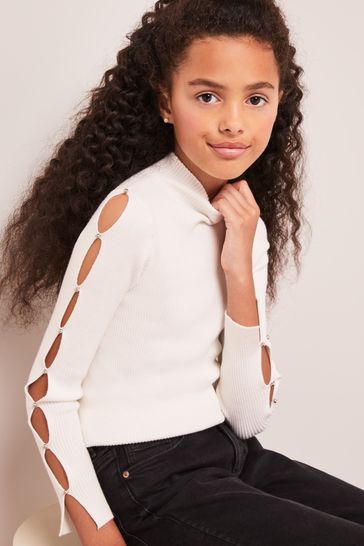 Buy Lipsy White Emebellished Pearl Sleeve Jumper from Next Poland
