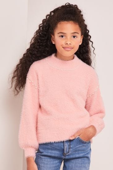 Lipsy Pink Eyelash Knit Pearl Jumper