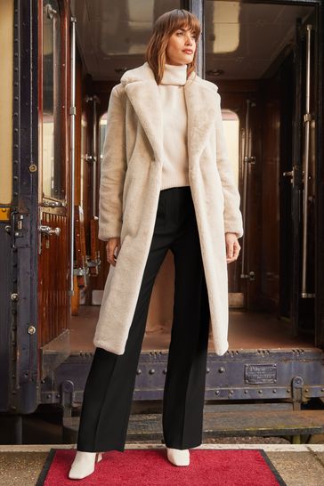 Love Roses Cream Long Line Oversized Lapel Faux Fur Coat