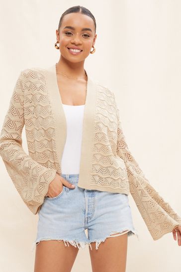 Friends Like These Brown Long Flute Sleeve Pointelle Cardigan