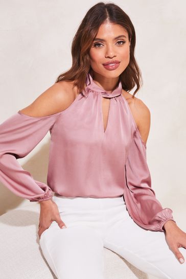 Lipsy Pink Satin Cold Shoulder Keyhole Long Sleeve Top