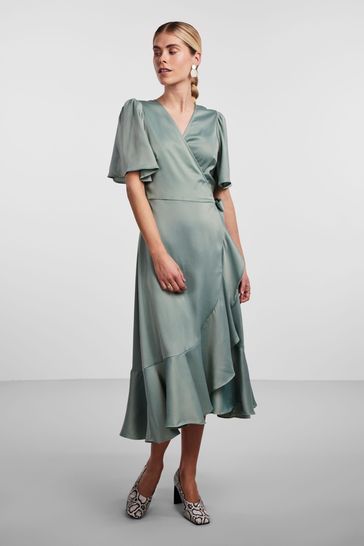 Y.A.S Sage Satin Short Sleeve Wrap & Ruffle Midi Occasion Dress