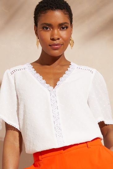 Love & Roses Ivory White Flutter Sleeve Lace Trim V Neck Dobby Blouse