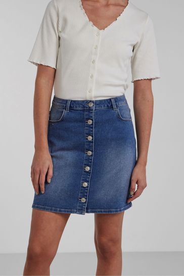 PIECES Medium Blue Button Front Denim Skirt
