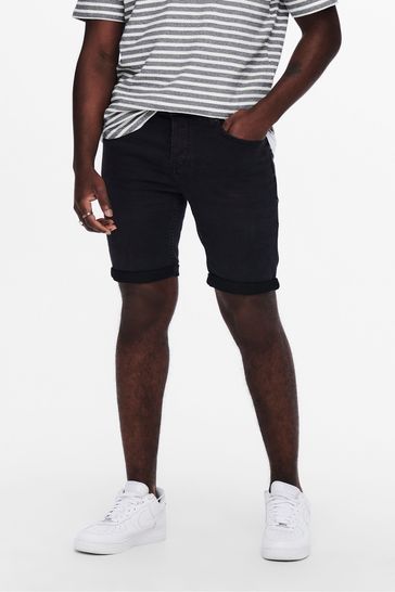 Only & Sons Black Stretch Denim Shorts