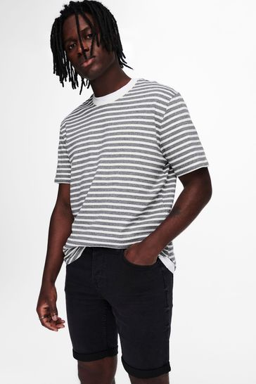 Black and white striped shorts denim store