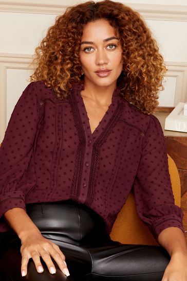 Love & Roses Burgundy Red Dobby Spot Lace Trim 3/4 Sleeve Button Through Blouse
