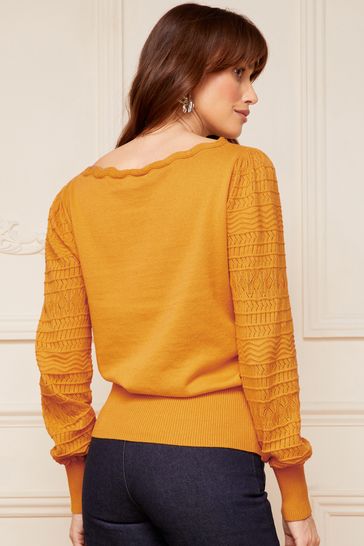 Buy Love Roses Ochre Yellow Pointelle Knit Scallop Neck Jumper