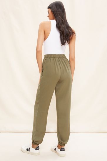 Friends Like These Khaki Green Tie Front Woven Cuffed Joggers