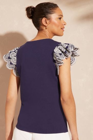 Navy blue ruffle shirt sale