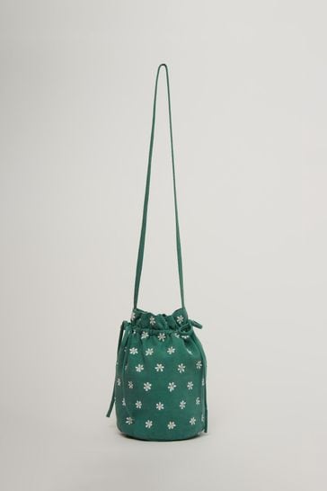 Great Plains Green Daisy Embroidery Drawstring Pouch Bag