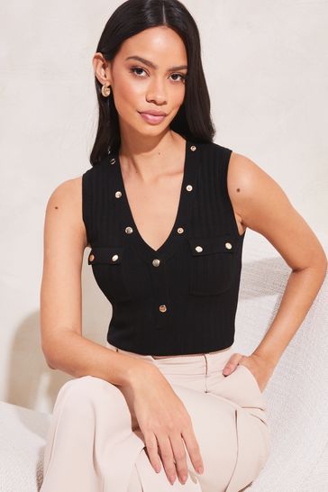 Lipsy Black Knitted Button V Neck Sleeveless Vest Top