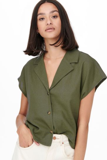 JDY Khaki Green Linen Revere Collar Short Sleeve Shirt