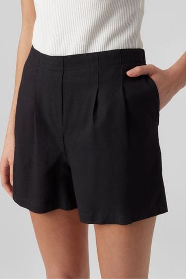 VERO MODA Black Linen Blend Pleat Front Smart Shorts
