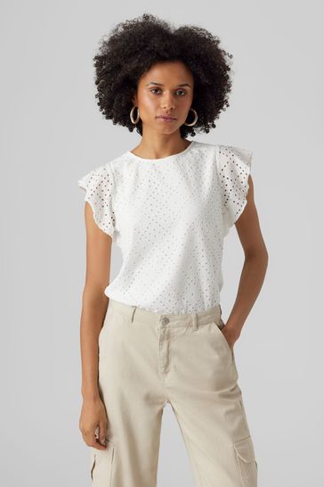 Buy VERO MODA White Broderie Frill Sleeve T Shirt from Next Oman