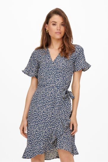 ONLY Blue Floral Ditsy Short Sleeve Wrap Summer Midi Dress