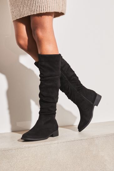 Lipsy Black Extra Wide Fit Suedette Ruched Knee High Boot