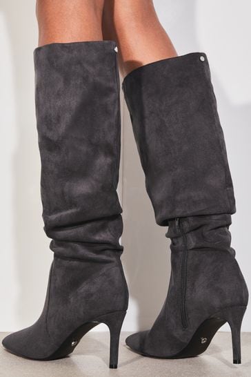 Lipsy Grey suedette Regular Fit Long Knee High Ruched Mid Heeled Boot
