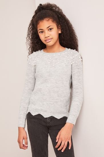 Lipsy Grey Embellished Scallop Hem Knitted Jumper