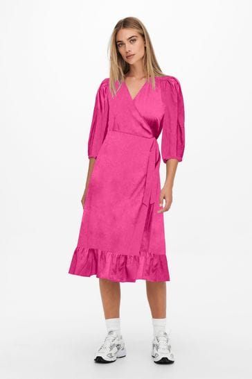 ONLY Pink Long Sleeve Wrap Midi Dress