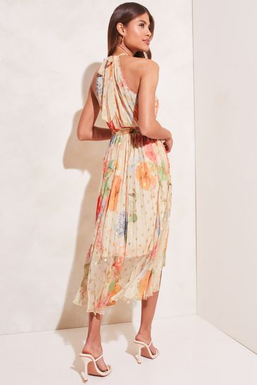 Lipsy Cream Halterneck Pleated Hanky Hem Belted Midi Dress