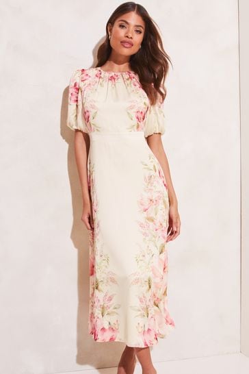 Lipsy Cream Floral Puff Sleeve Round Neck Split Midi Dress